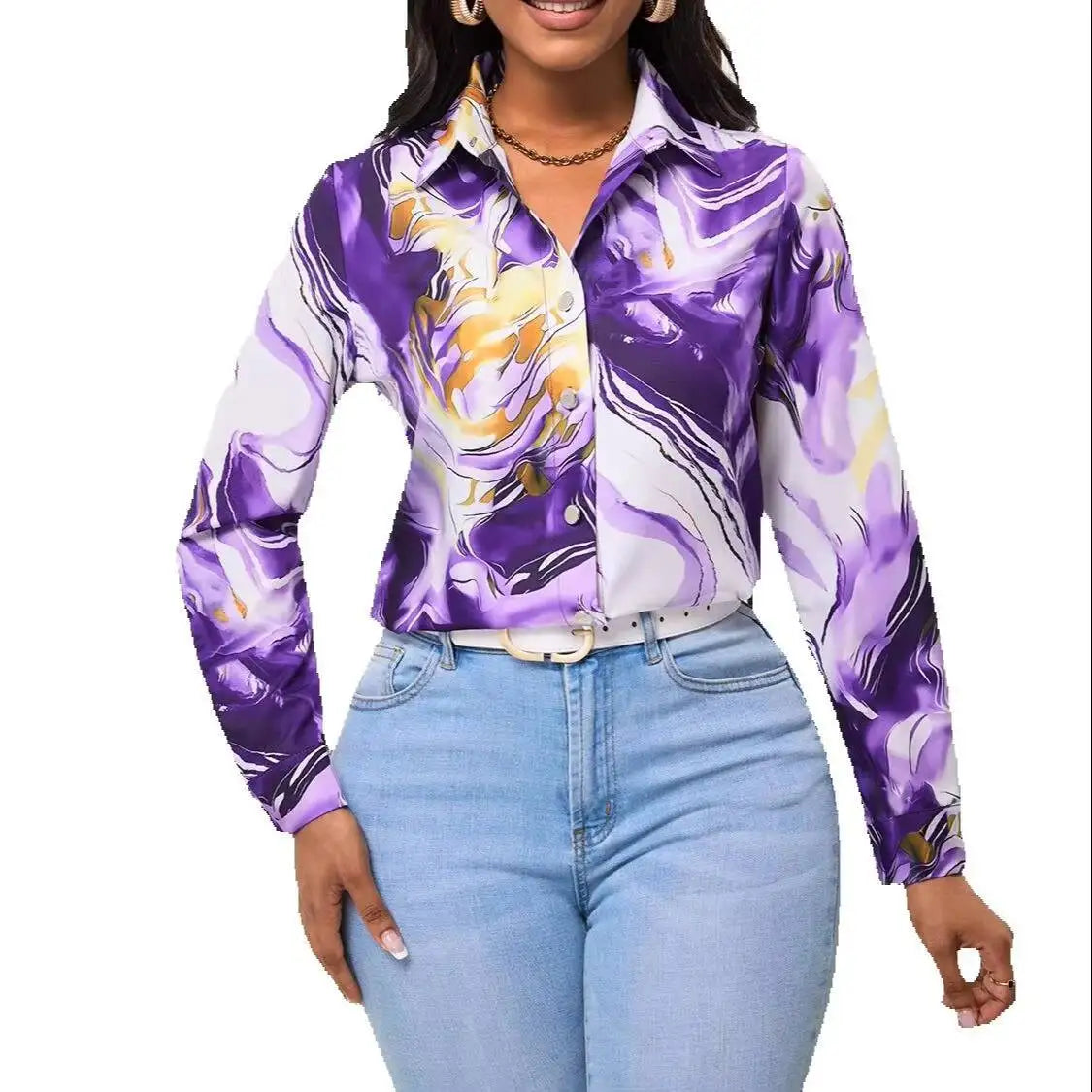 Blusa Feminina Manga Longa | Estampa Mármore Roxo e Dourado