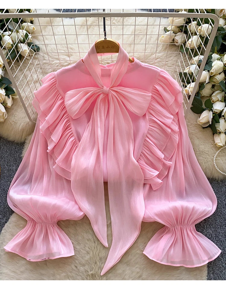 Blusa Feminina Elegante com Laço em Chiffon, Bainha com Babados, Peça Leve para Camadas, Primavera Verão, Blusa Top BL341