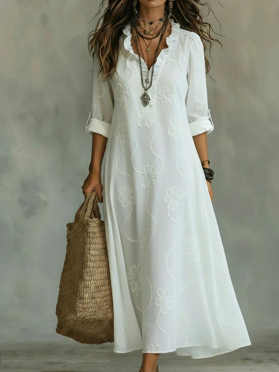 Vestidos Formais Femininos com Decote em V de Renda, Manga Longa, Estampados, Versáteis, Estilo Resort de Verão, Vestido Longo para o Dia a Dia