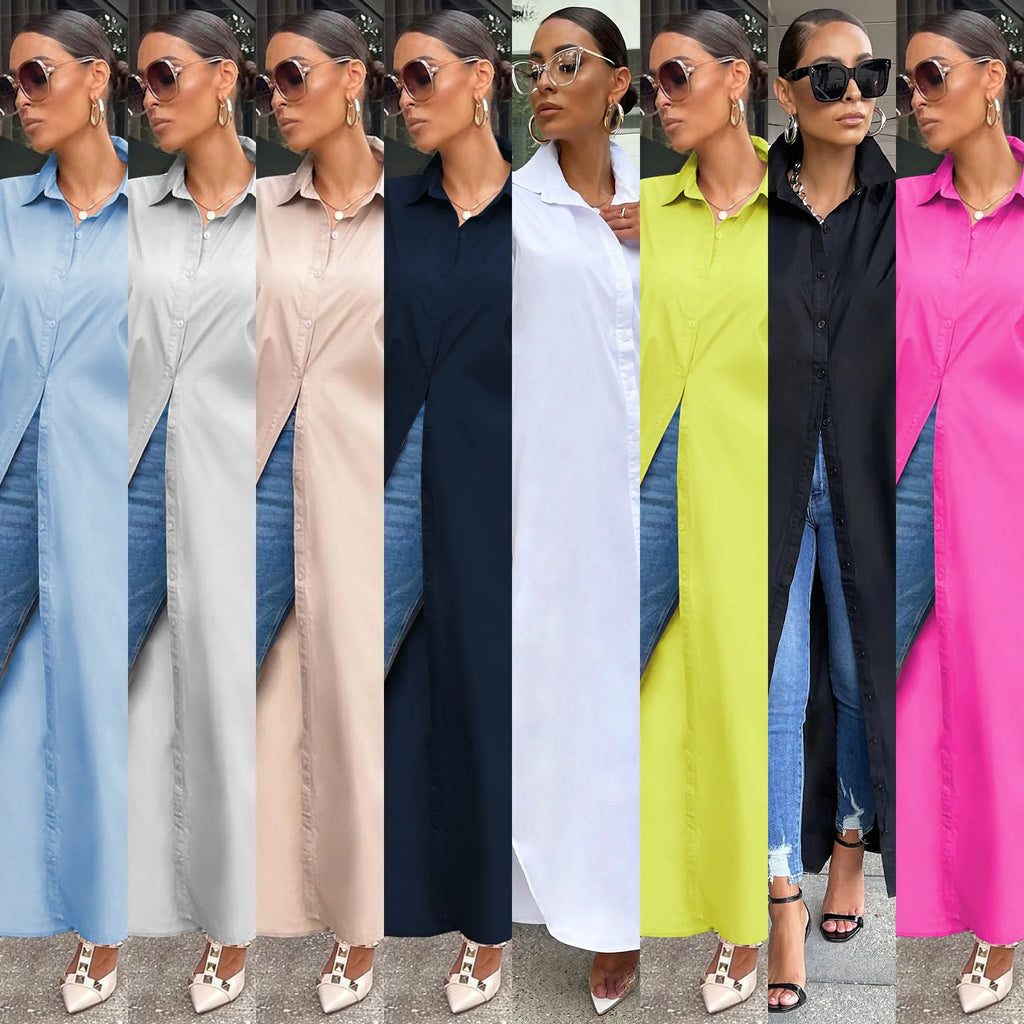 Blusas compridas para mulheres, gola virada para baixo, sólida, de peito único, camisa manga cheia, casacos casuais, casaco de verão regular solto