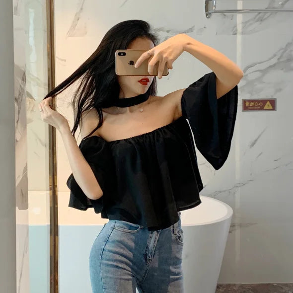 Blusas femininas slash neck fora do ombro sexy colheita elegante solto ulzzang design férias retro chique ins feminino Блузки verão