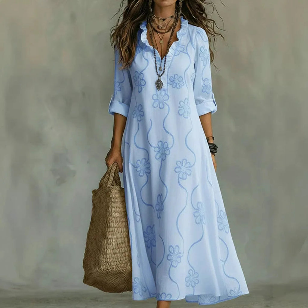 Vestidos Formais Femininos com Decote em V de Renda, Manga Longa, Estampados, Versáteis, Estilo Resort de Verão, Vestido Longo para o Dia a Dia