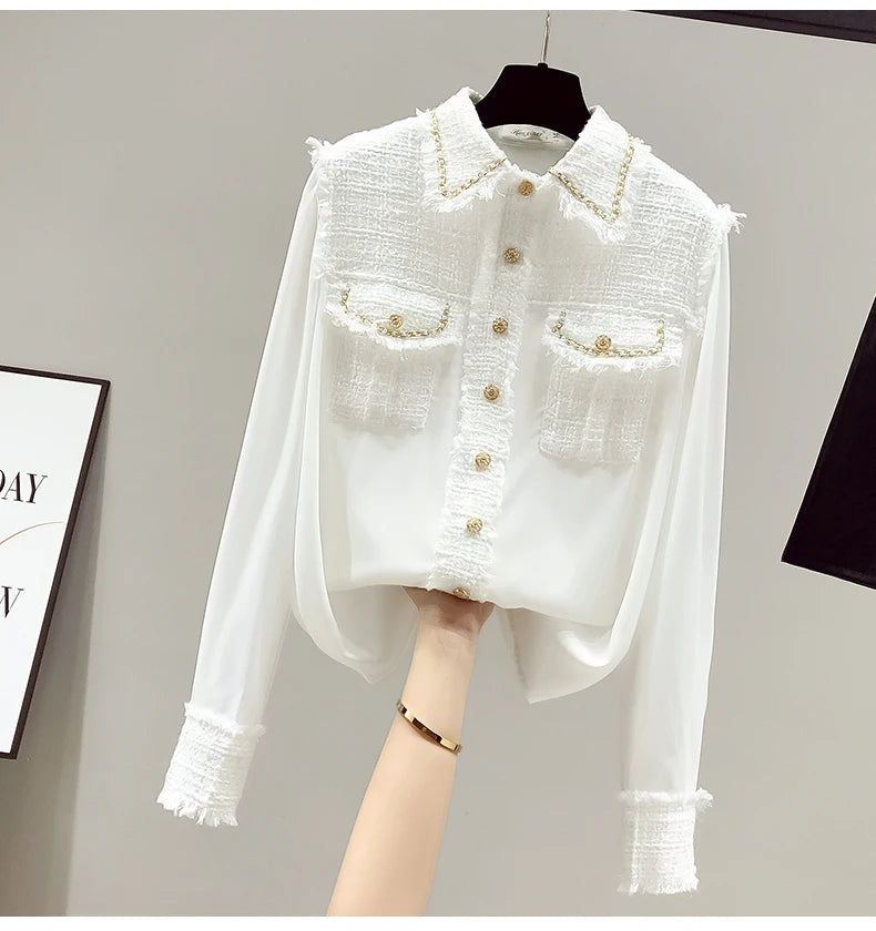 Blusa feminina 2025 primavera verão novo tweed retalhos laple camisas de manga longa elegante moda magro topos senhora do escritório
