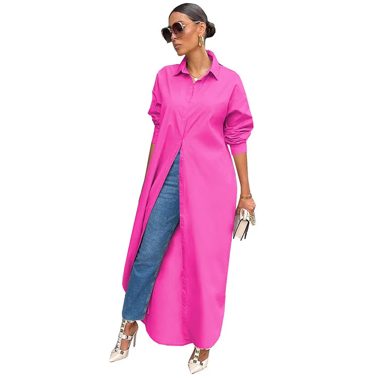 Blusas compridas para mulheres, gola virada para baixo, sólida, de peito único, camisa manga cheia, casacos casuais, casaco de verão regular solto
